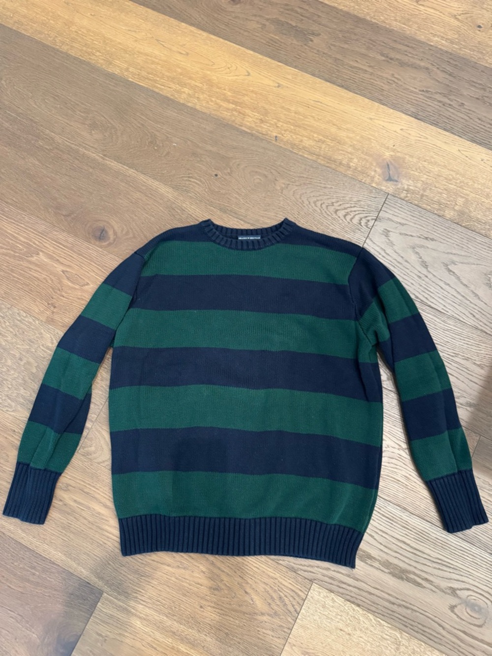 Brandy Melville Navy and Green Wide-Stripe Crewneck Sweater
